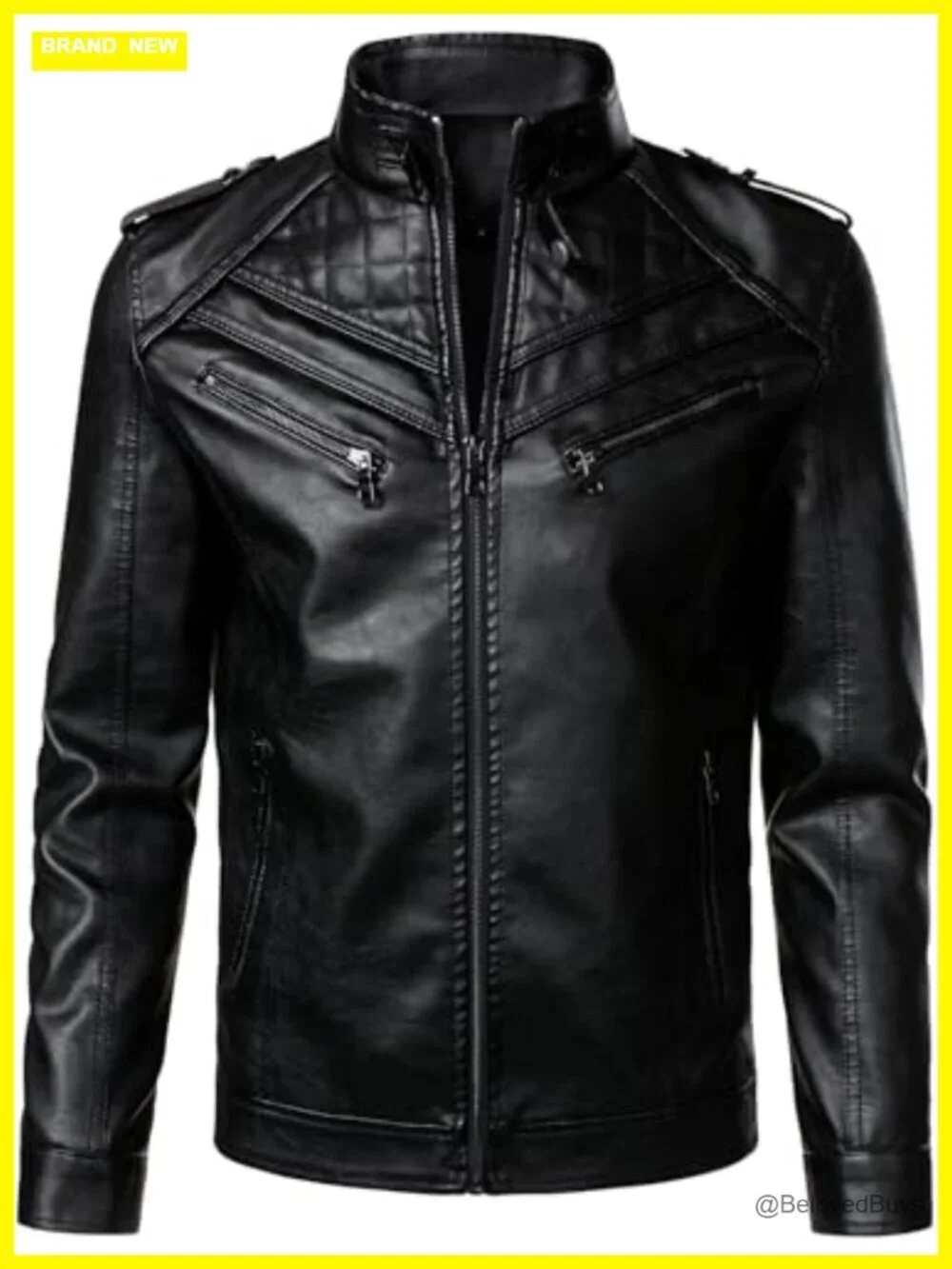 Men's Faux Leather Motorcycle Jacket with Diamond Pattern and Zipper Pockets